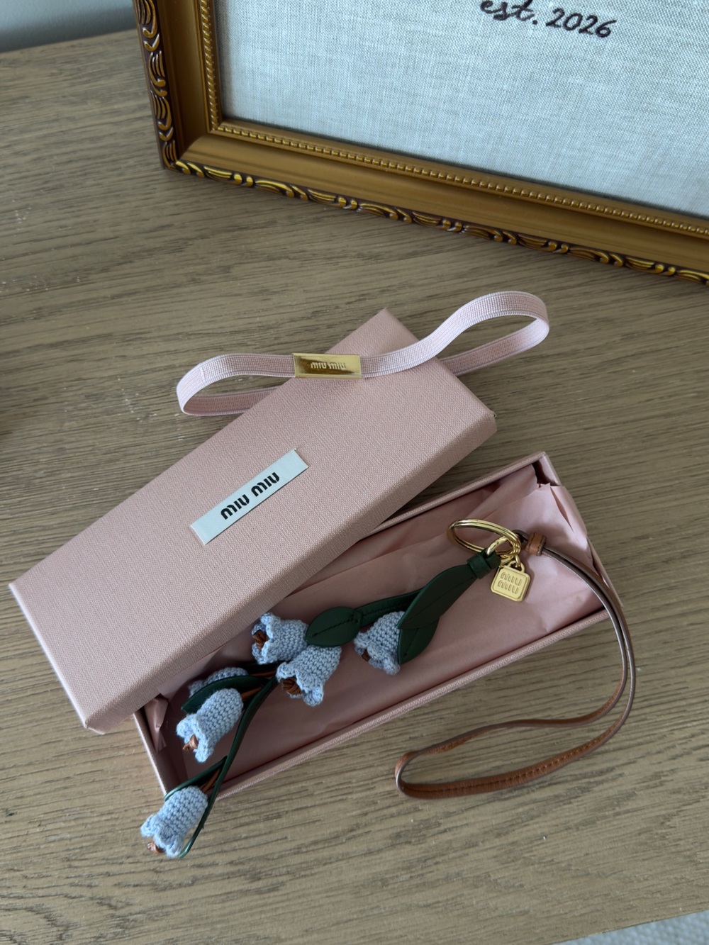 Miu Miu Brown Leather Strap Key & Floral Charm with Green Leaves